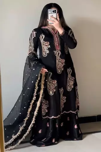 black embroidered straight suit