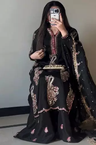 black embroidered straight suit