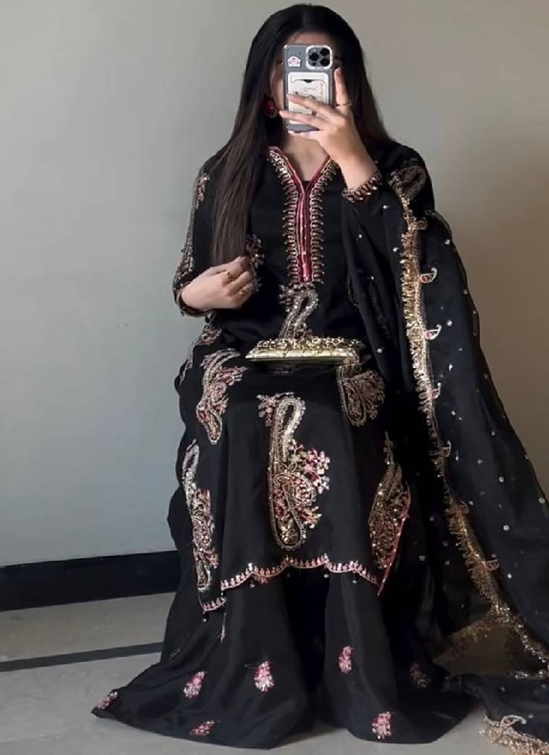 black embroidered straight suit