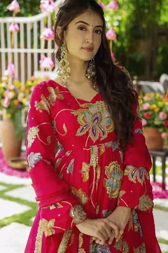 red floral embroidered anarkali dress