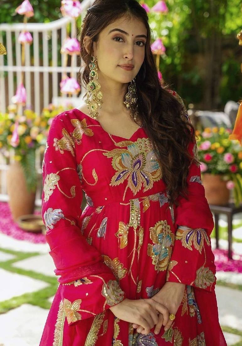 red floral embroidered anarkali dress