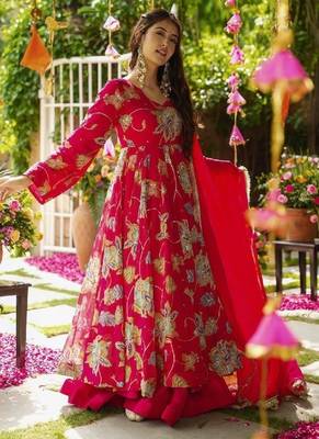 red floral embroidered anarkali dress 3