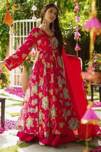 red floral embroidered anarkali dress