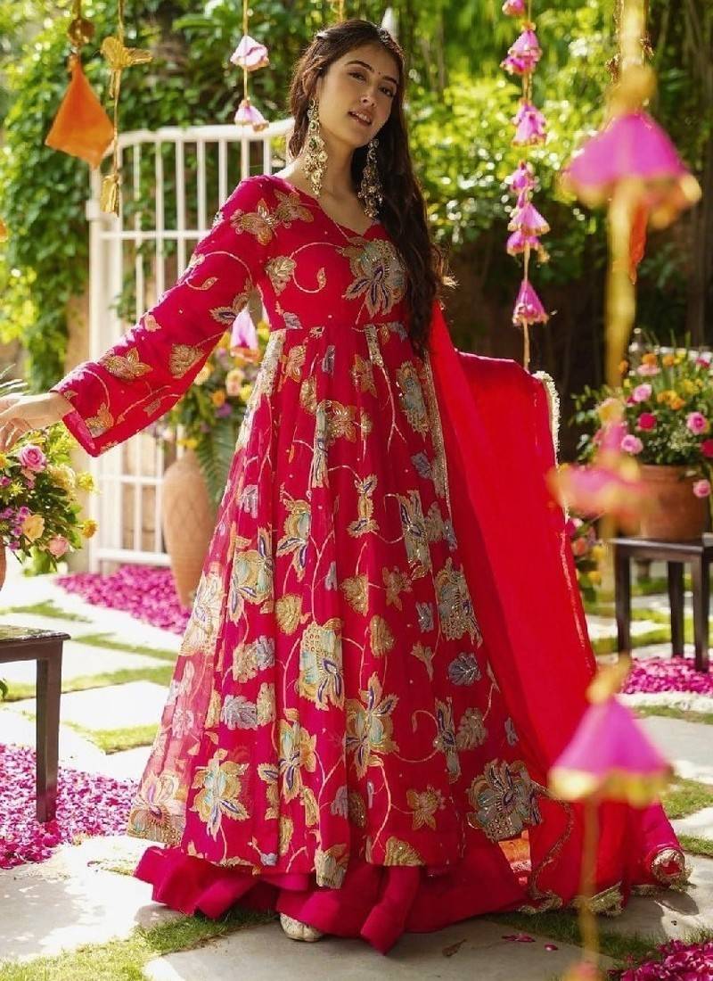 red floral embroidered anarkali dress