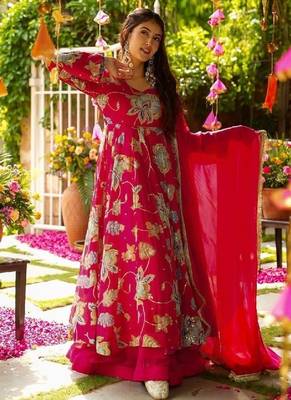 red floral embroidered anarkali dress 1