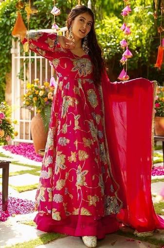 red floral embroidered anarkali dress