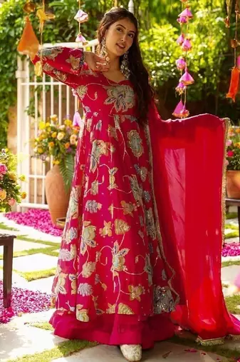 red floral embroidered anarkali dress