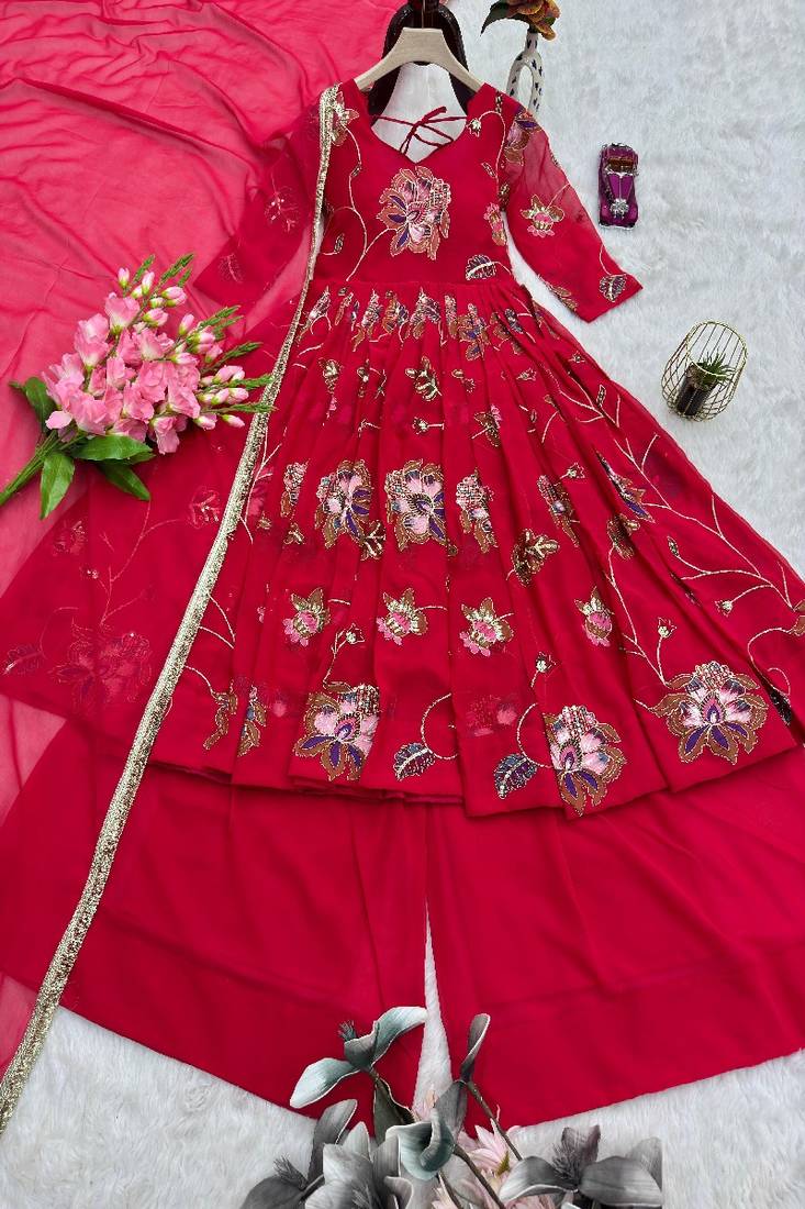 red floral embroidered anarkali dress