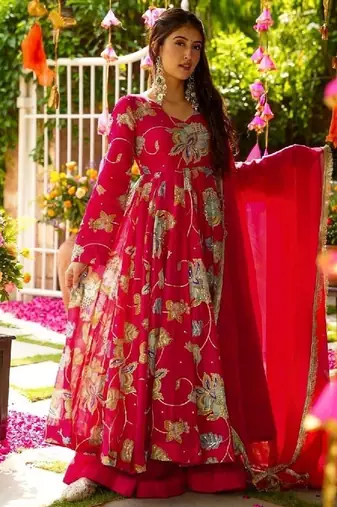 red floral embroidered anarkali dress