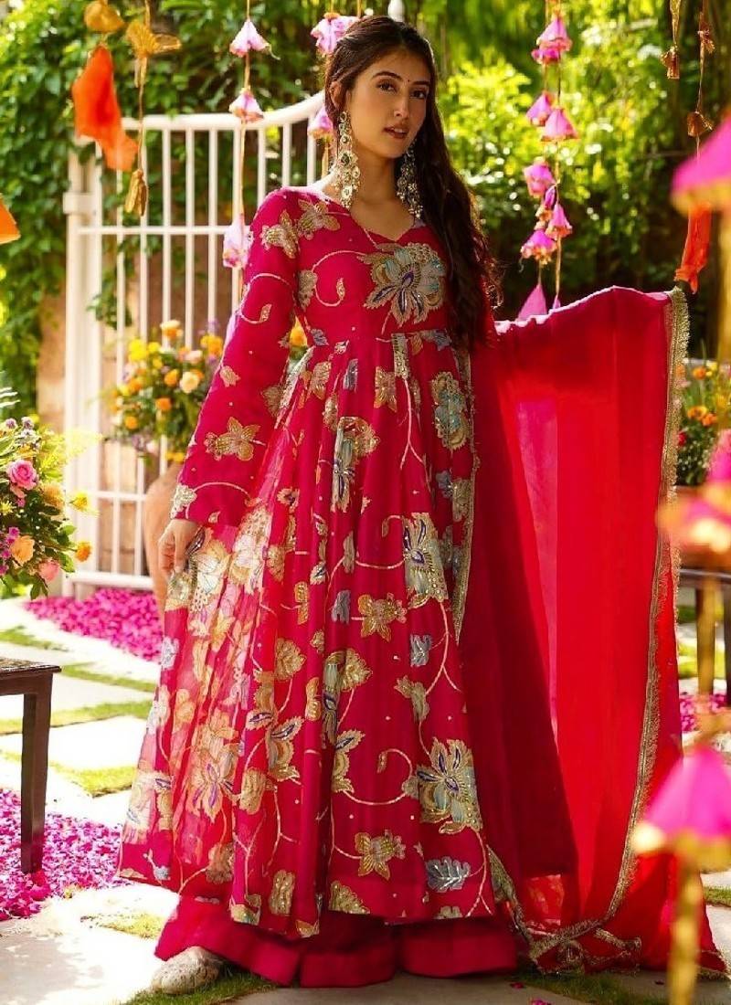 red floral embroidered anarkali dress