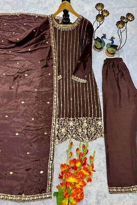 Brown embroidered straight suit set 2