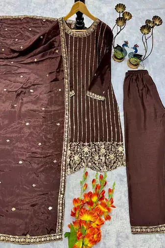 grey embroidered straight suit set