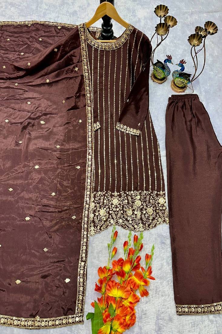 grey embroidered straight suit set