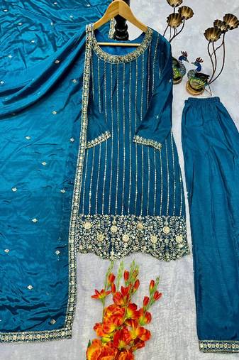 blue embroidered ethnic suit
