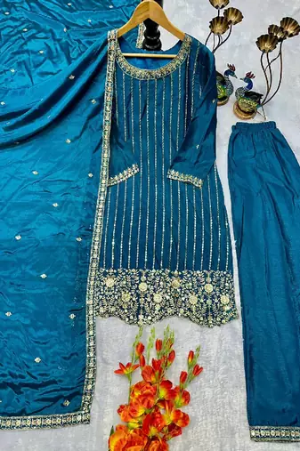 blue embroidered ethnic suit