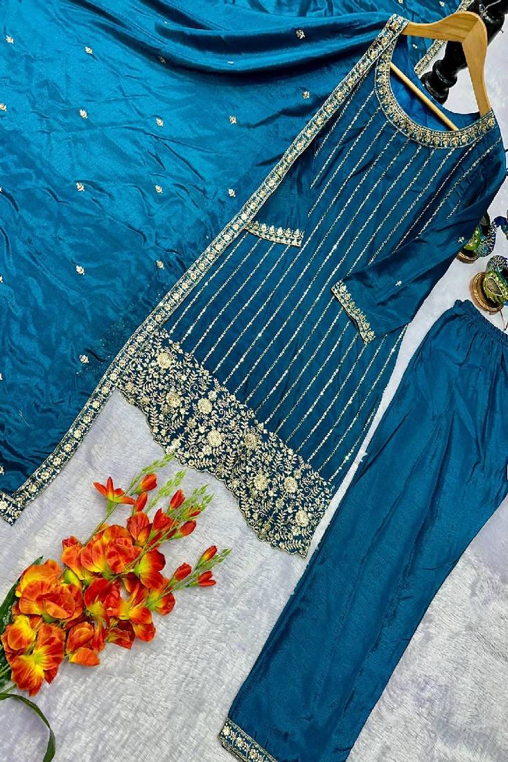 blue embroidered ethnic suit