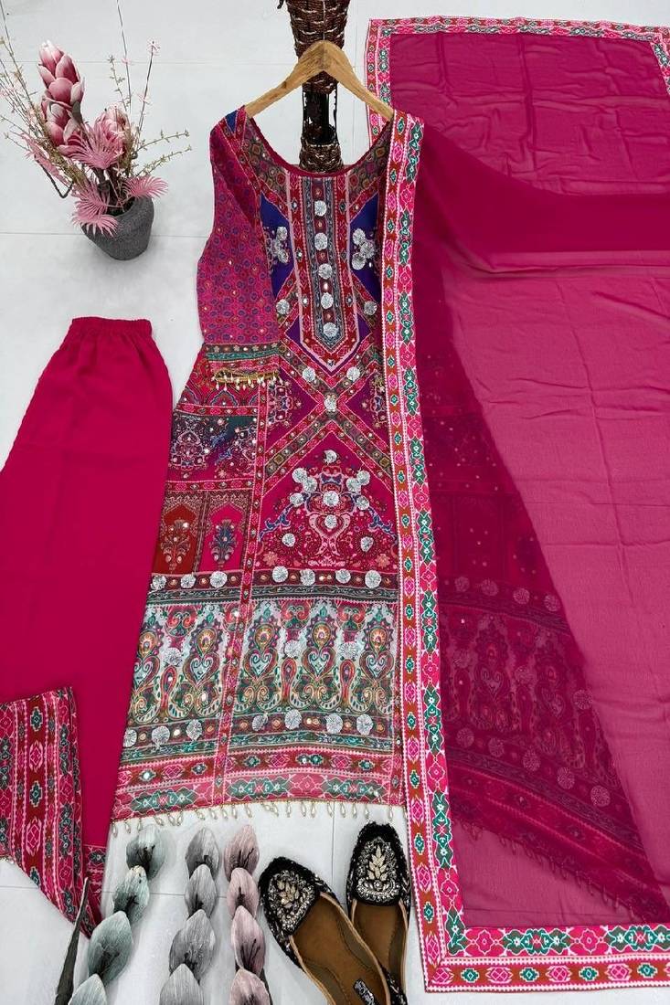 pink multicolor printed kurta set