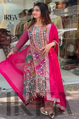 pink multicolor printed kurta set