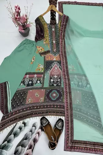 mint green multicolor printed kurta set