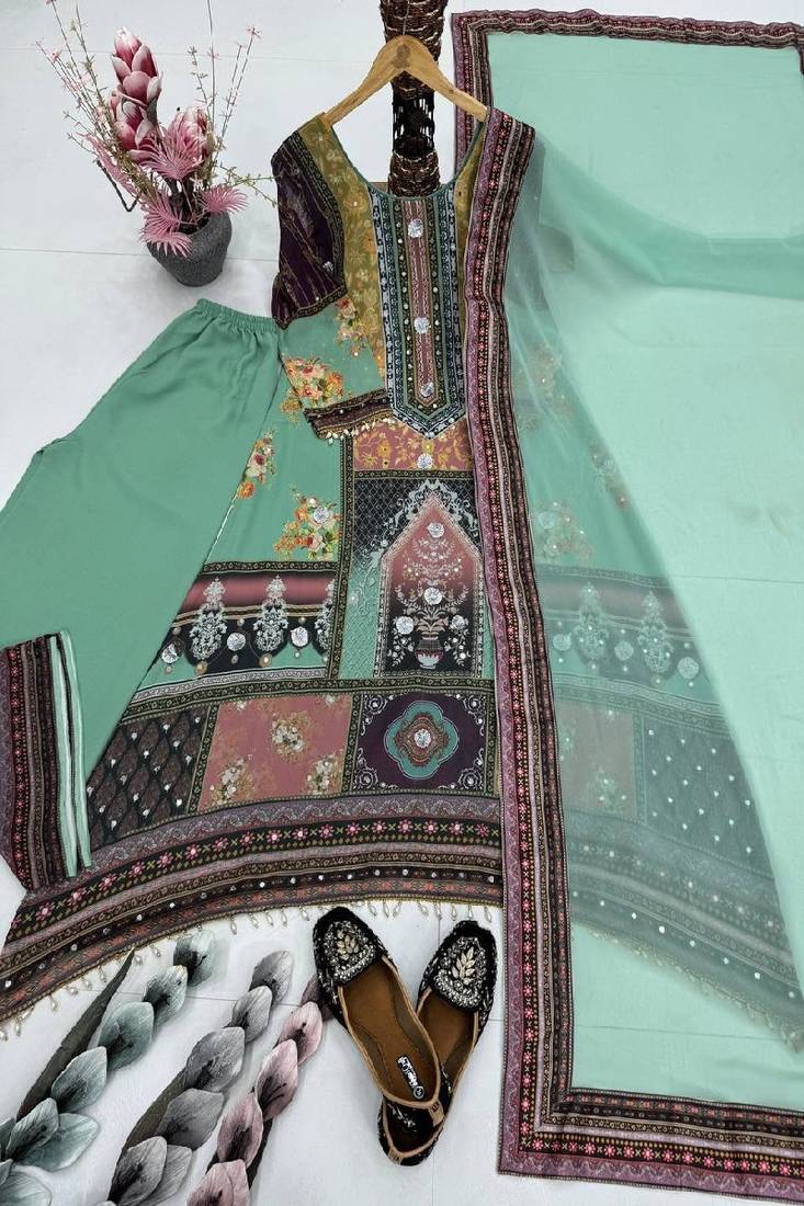 mint green multicolor printed kurta set