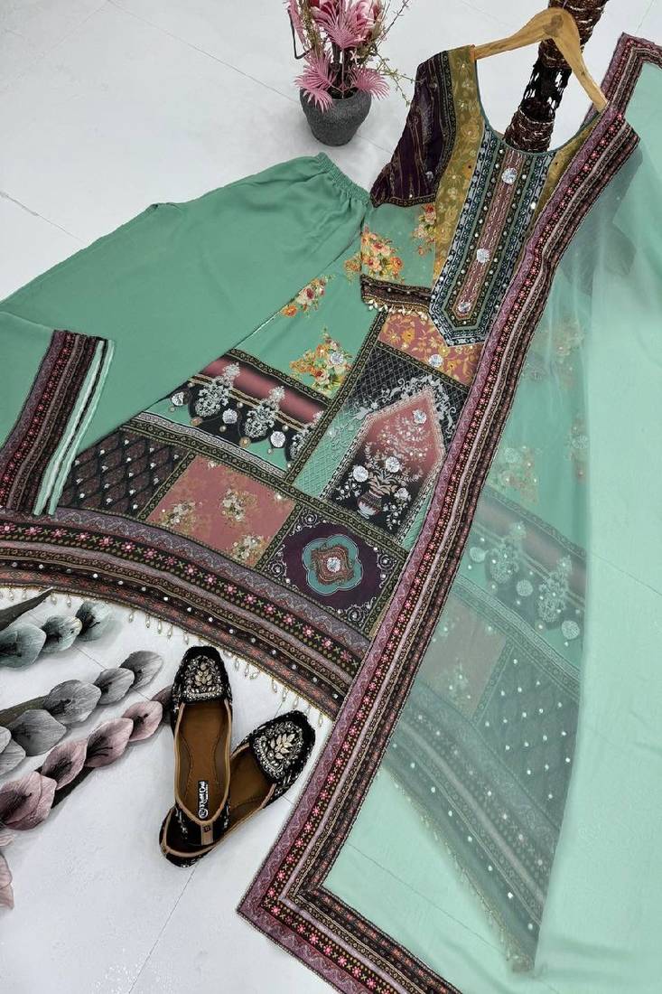 mint green multicolor printed kurta set