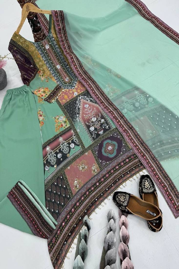 mint green multicolor printed kurta set