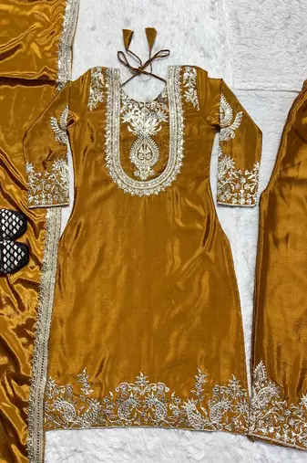 deep yellow designer embroidered kurta set