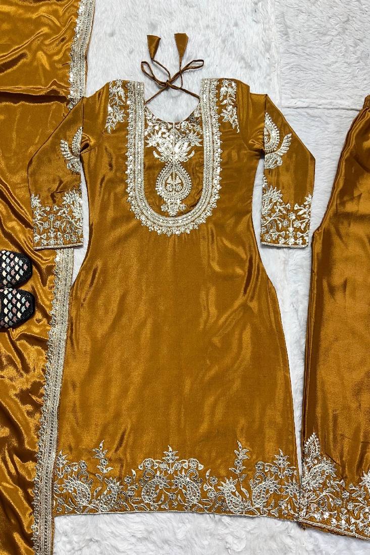 deep yellow designer embroidered kurta set
