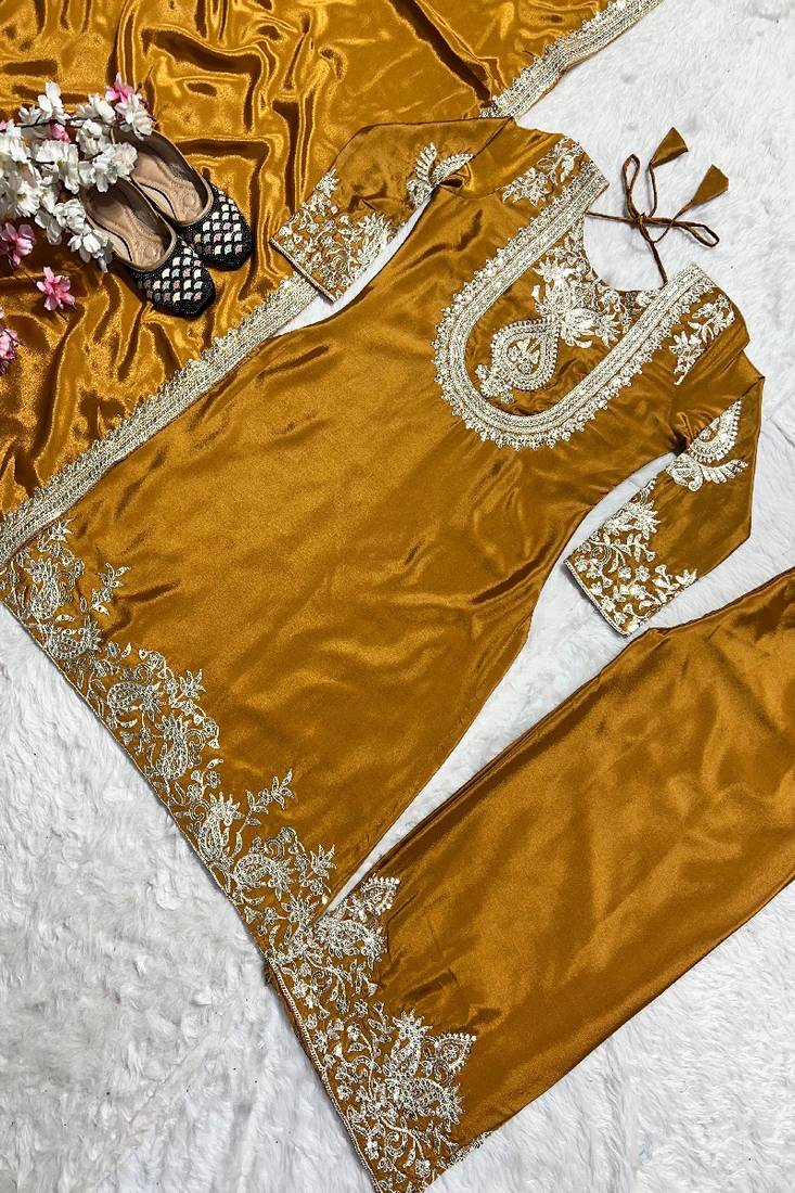 deep yellow designer embroidered kurta set