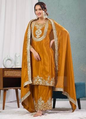 deep yellow designer embroidered kurta set 1