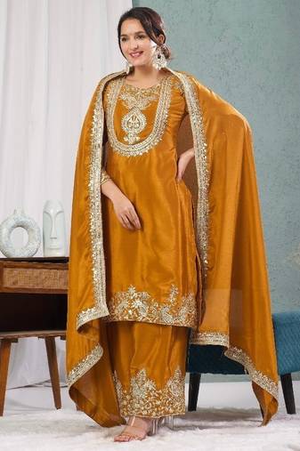 deep yellow designer embroidered kurta set