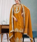 deep yellow designer embroidered kurta set