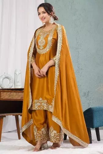 deep yellow designer embroidered kurta set