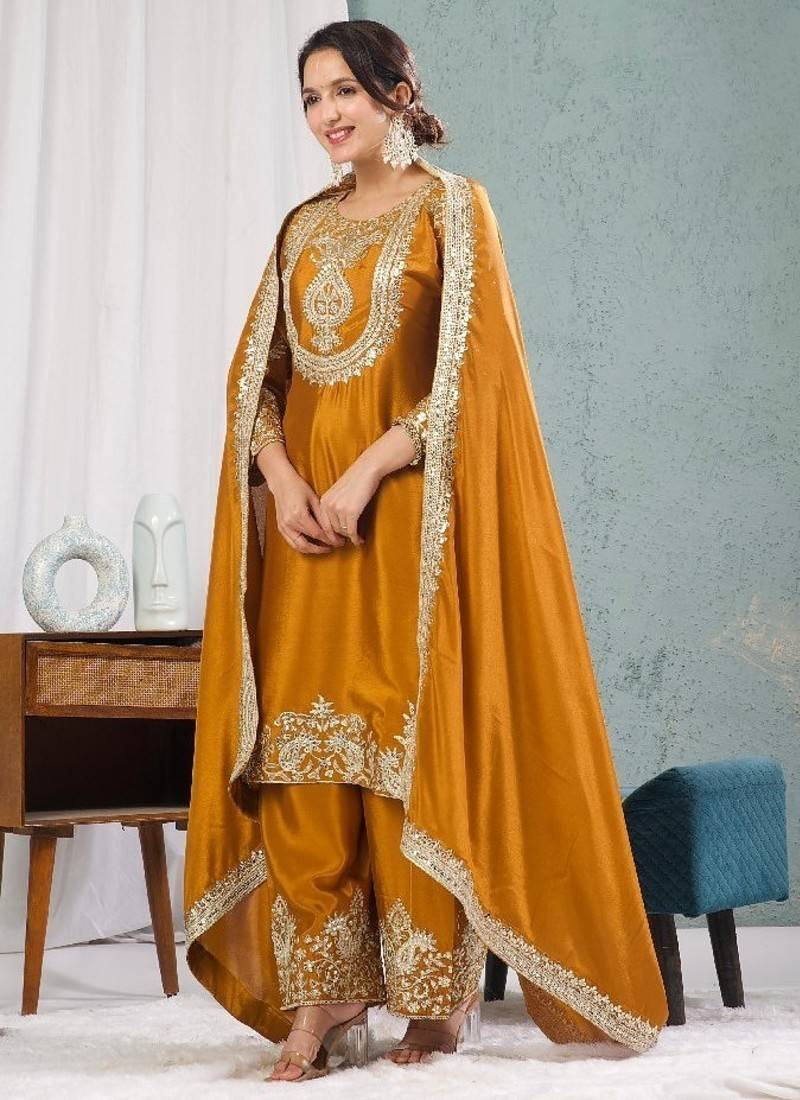 deep yellow designer embroidered kurta set