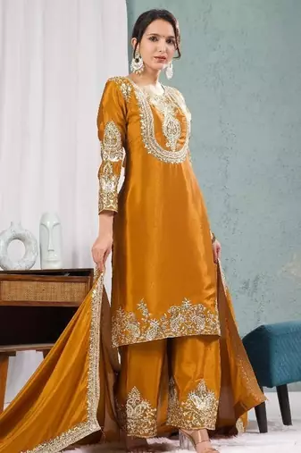deep yellow designer embroidered kurta set