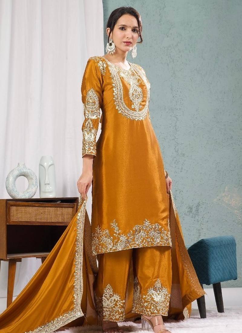 deep yellow designer embroidered kurta set