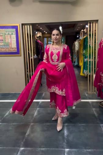 hot pink designer embroidered kurta set