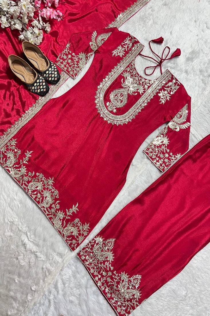 hot pink designer embroidered kurta set