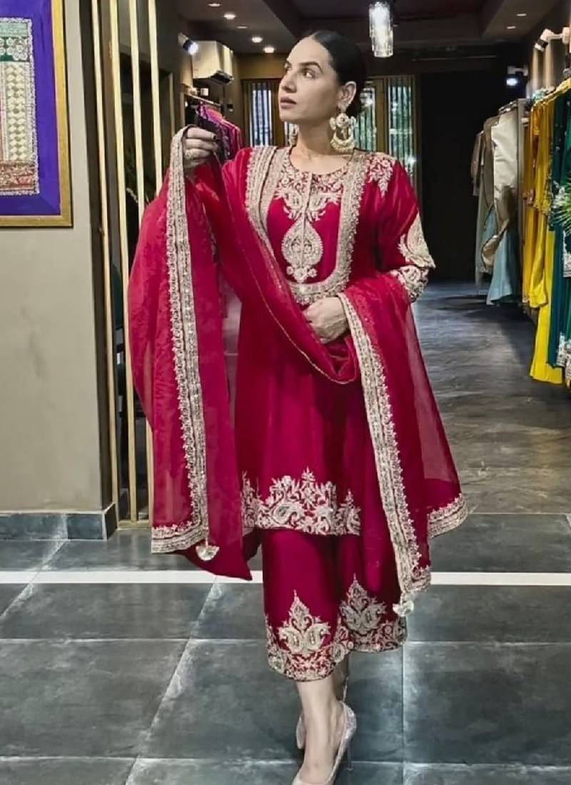 hot pink designer embroidered kurta set