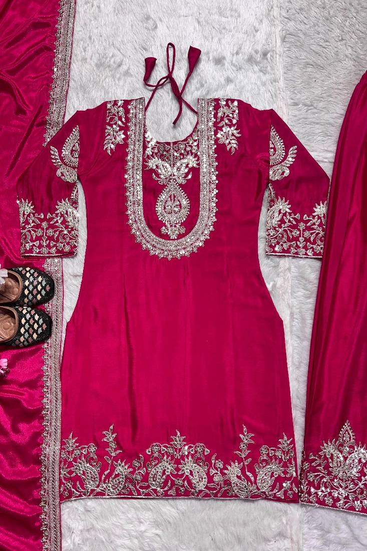 hot pink designer embroidered kurta set