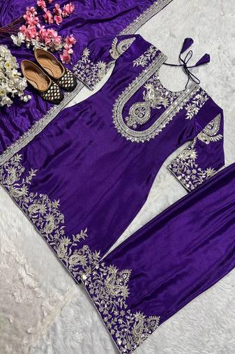 purple designer embroidered kurta set