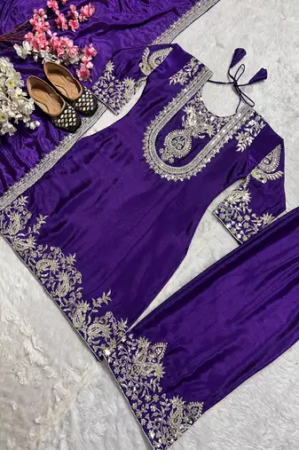 purple designer embroidered kurta set