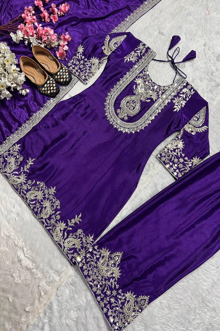 purple designer embroidered kurta set