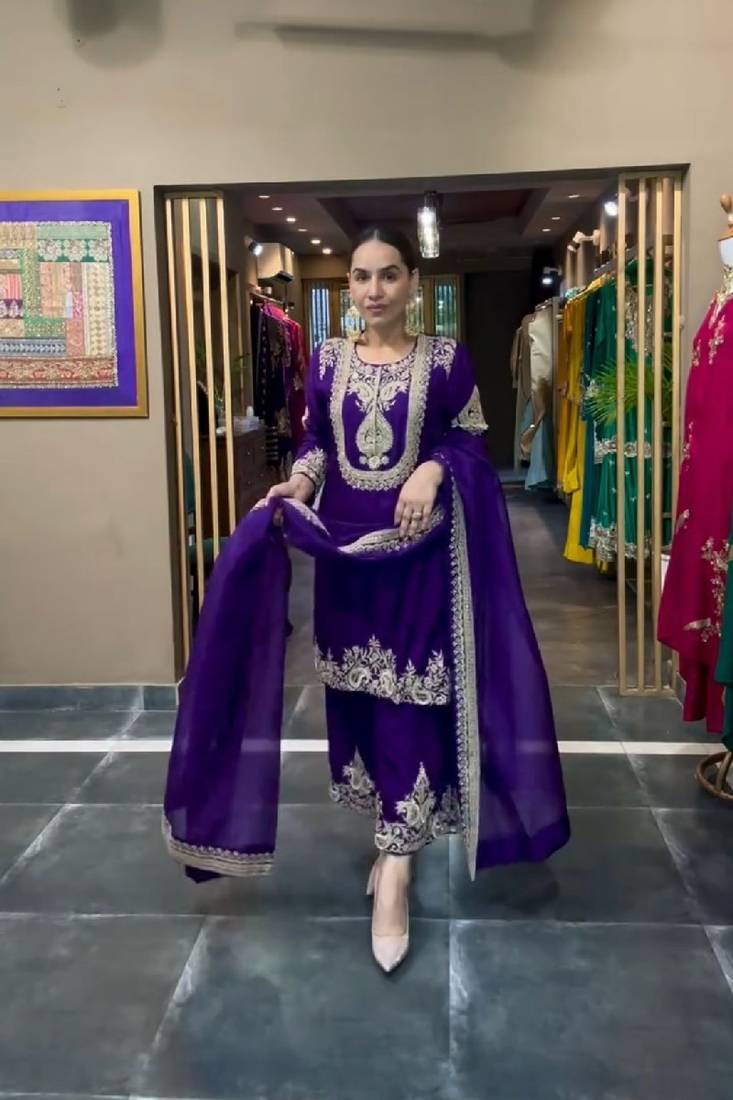 purple designer embroidered kurta set