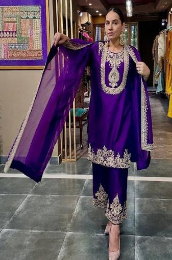 purple designer embroidered kurta set