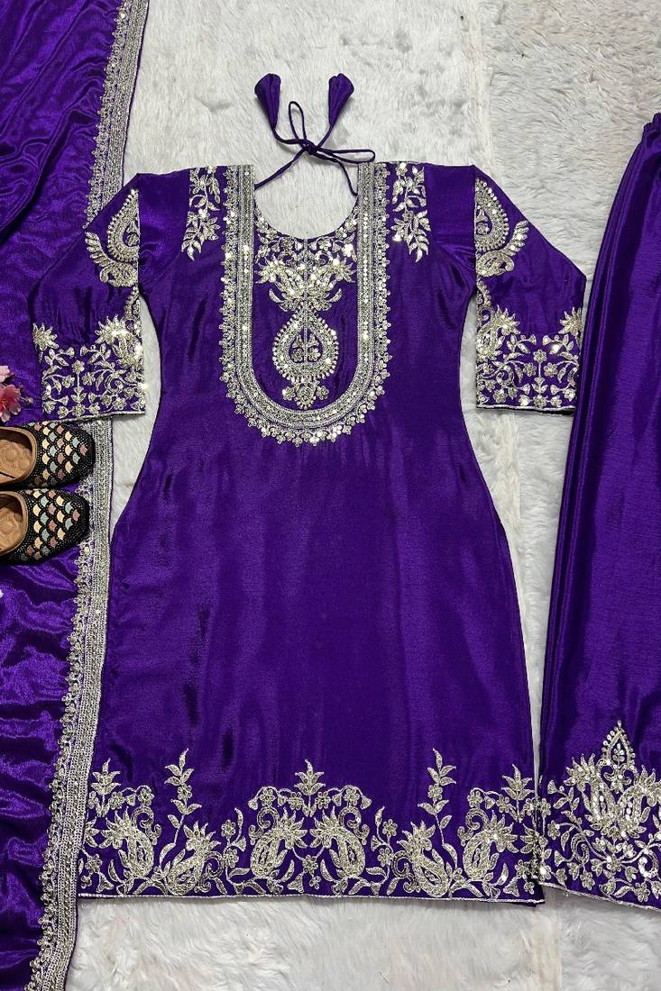 purple designer embroidered kurta set