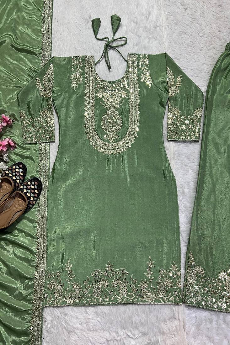 green designer embroidered kurta set