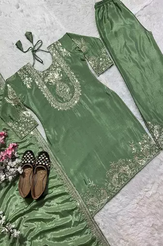 green designer embroidered kurta set