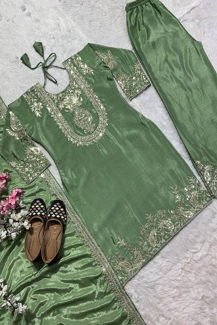 green designer embroidered kurta set