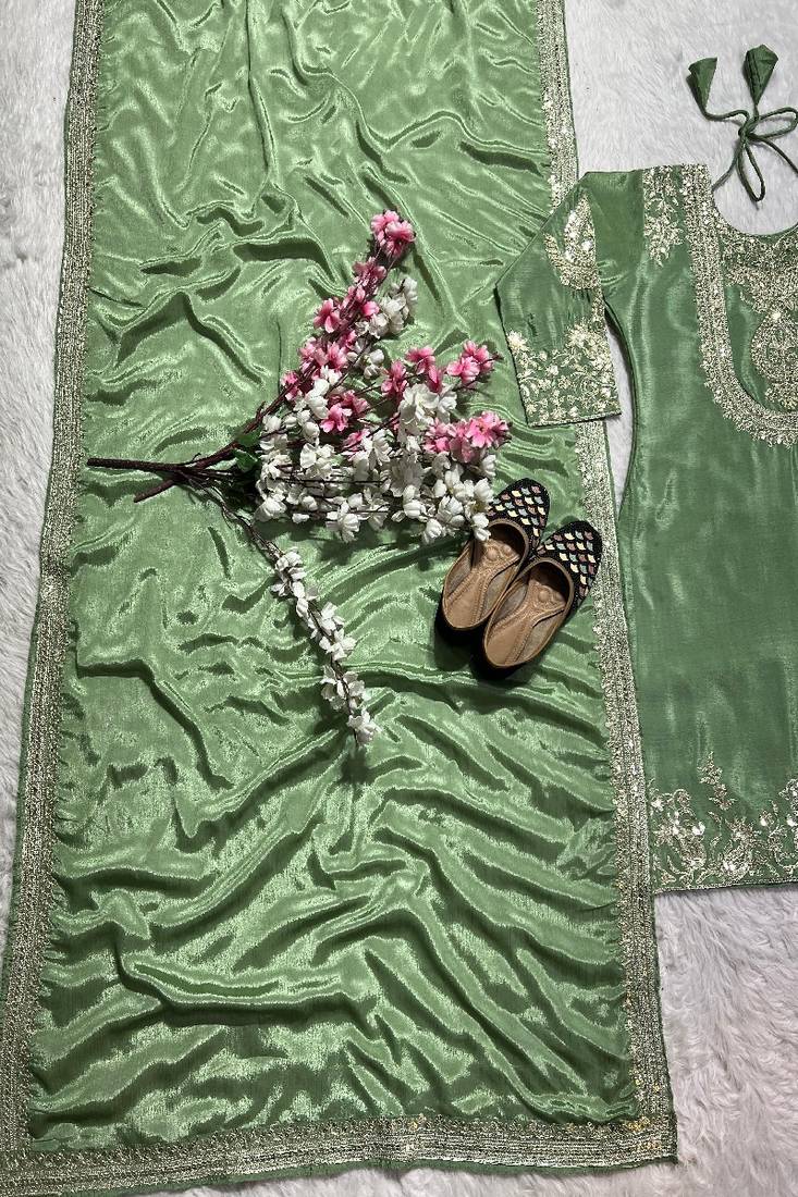 green designer embroidered kurta set